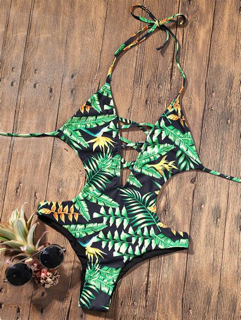 Off Backless Plunge Monokini With Tropical Print Rosegal