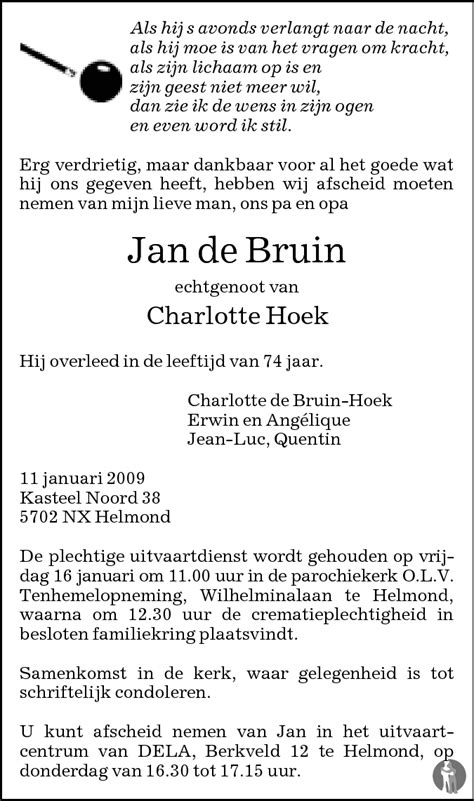 Jan De Bruin 11 01 2009 Overlijdensbericht En Condoleances Mensenlinq Nl