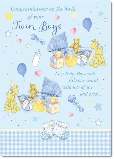 New Baby Twins Twin Boys Birth Congratulations Card Baby Basket