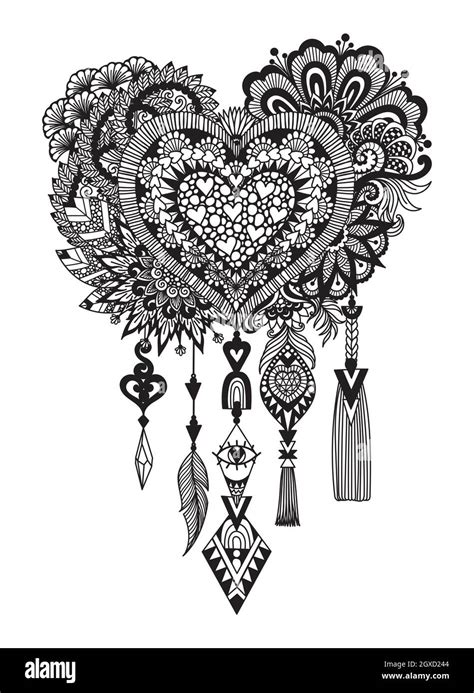 Mandala Heart Dream Catcher For Printing On Product Adult Coloring