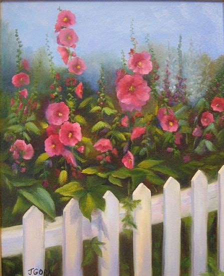 Picket Fence With Hollyhocks By Judy Goral Oil ~ 20 X 16 Garden