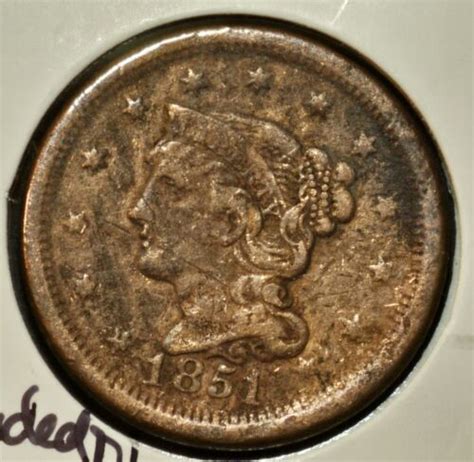 1851 Large One Cent United States Us Coin Braided Hair Ebay