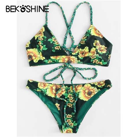 Bekoshine Print Bathing Suit Green Swimwear Flower Bikinis Women Swimsuit Bandage Sexy Push Up