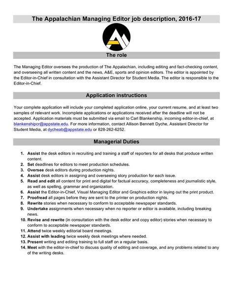 Use this free managing director job description template and post your job opening on 20+ job boards for free using jobsoid. Managing Editor Job Description - How to create a Managing ...