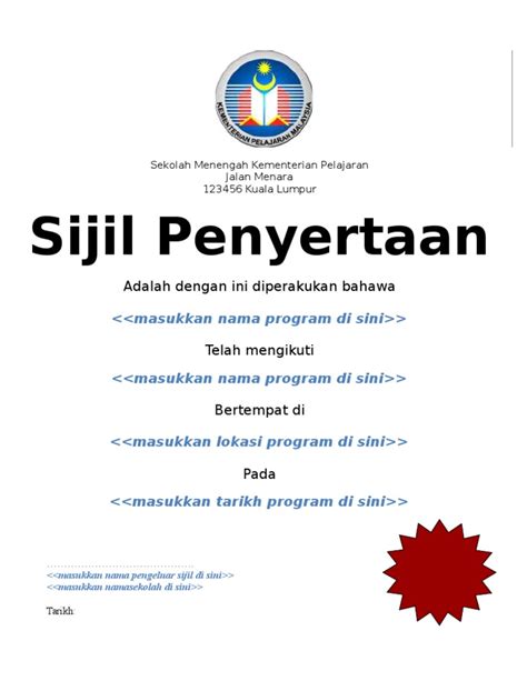 Sekolah kebangsaan bukit damansara kuala lumpur sijil penghargaan dengan ini disahkan bahawa elsa ryanna bt emil rinaldi dilantik sebagai pengerusi pusat sumber sekolah pihak… Sijil Penyertaan: Adalah dengan ini diperakukan bahawa