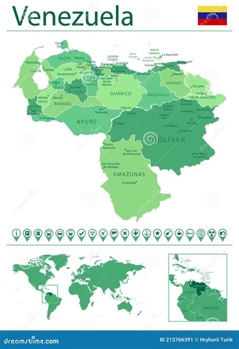 Venezuela Detailed Map And Flag Venezuela On World Map Stock Vector