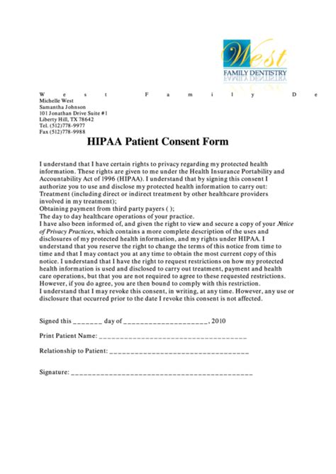 Hipaa Patient Consent Form Printable Pdf Download