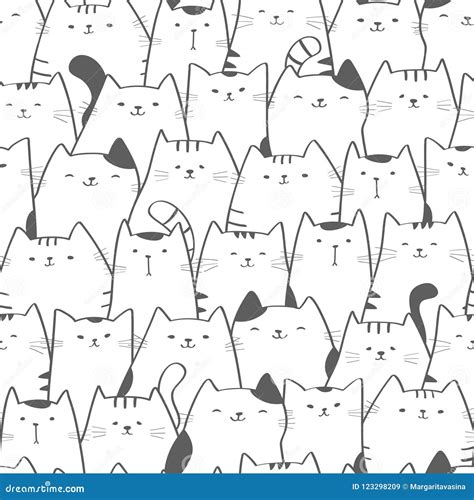 Vector Seamless Pattern With Cute Cats Doodle Art Stock Vector