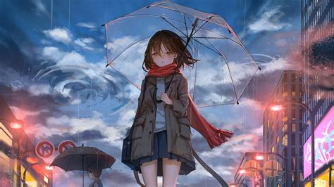2048x1152 Anime Girl Walking In Rain With Umbrella 4k Wallpaper