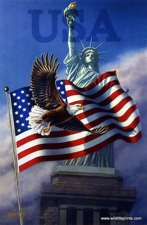 American Flag With Eagle And Statue Of Liberty
