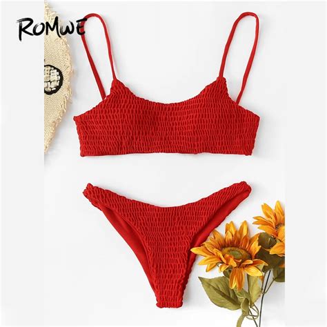 Buy Romwe Sport Shirred Bikini Set 2018 New Arrivals Summer Red Plain Beach