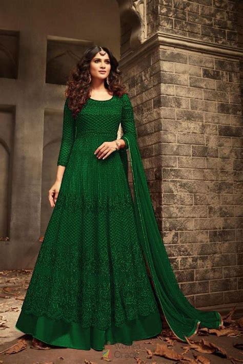 Dark Green Colour Long Frock With Dupatta Evening Wear Dresses Indian