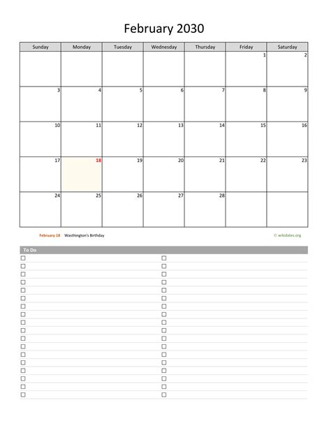 February 2030 Calendar With To Do List