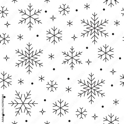 Seamless Pattern With Black Snowflakes On White Background Flat Line