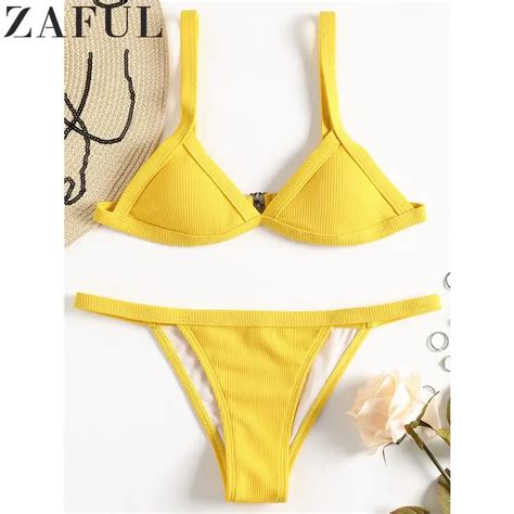 Zaful Sexy Swimsuit Padded Ribbed Bathing Suit Bikini Set Low Waisted Swimwear Spaghetti Straps