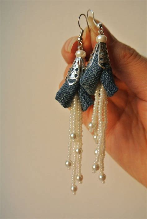 Bohemian Denim Beaded Earrings With Pearls Delicate Long Etsy