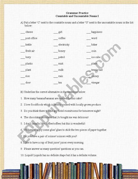 Grammar Practice Countable And Uncountable Nouns I Esl Worksheet By