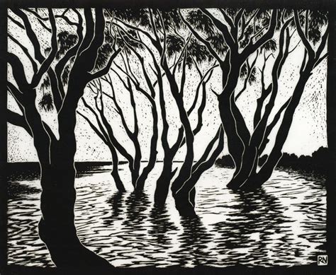 Landscape Trees And Water Linocuts Linocut Woodcut Art Linocut
