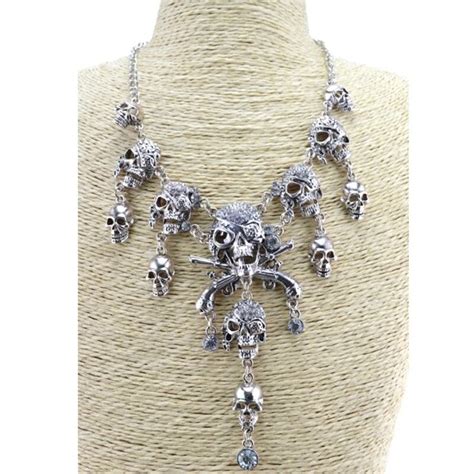 Gypsy Vintage Skull Heads Necklace Crystal Skeleton Necklace Fashion