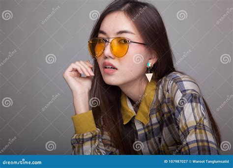 Beautiful Young Asian Woman With Yellow Sunglasses Stock Image Image Of Sunglasses Yellow