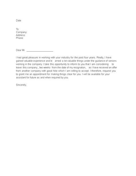 Two Weeks Notice Sample Letter
