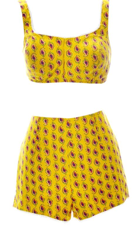 1960s Gidget Yellow Paisley 2 Piece Swimsuit Or Playsuit Yellow