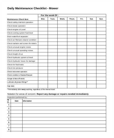 Maintenance Checklist 25 Examples Format Pdf