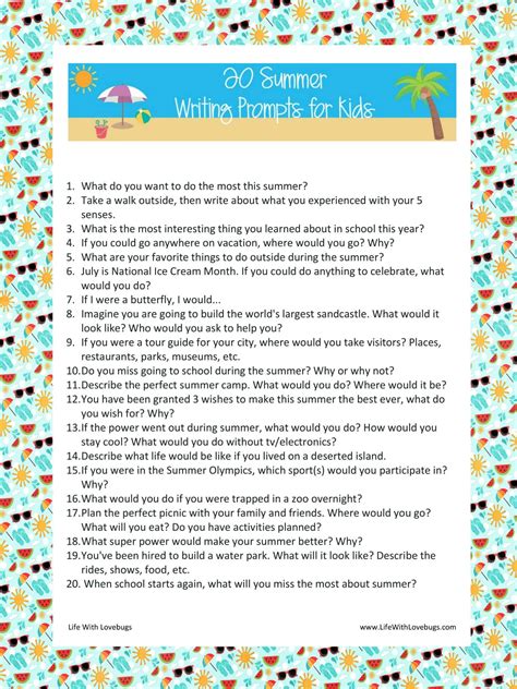 Printable List Of 20 Summer Writing Prompts For Kids Life With Lovebugs