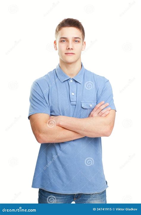 Smiling Man Standing With Hands Folded Against Isolated On White