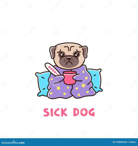 The Dog Is Sick With A Thermometer Wrapped In A Blanket With A Mug Of
