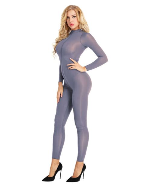 Womens Mesh Sheer Bodystocking Zipper Turtleneck Teddy Catsuit Bodysuit