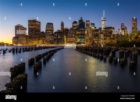 Lower Manhattan Skyline At Dusk From Brooklyn Bridge Park Brooklyn