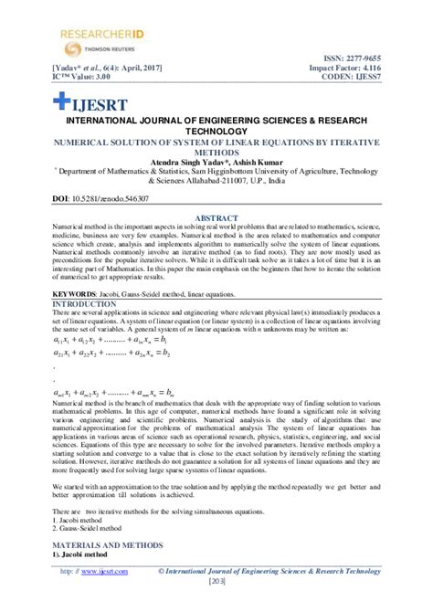 (PDF) NUMERICAL SOLUTION OF SYSTEM OF LINEAR EQUATIONS BY ITERATIVE METHODS | IJESRT Journal ...