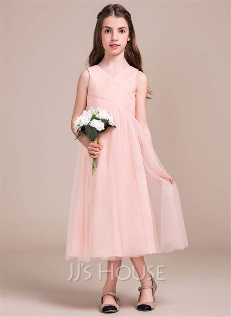 a line princess tea length flower girl dress tulle sleeveless v neck 010096116 jj s house