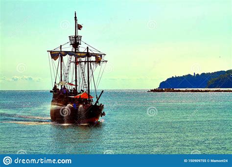 Pirate Ship At The Open Sea Stock Image Image Of