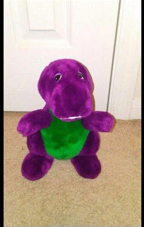 A Purple Stuffed Animal Sitting In Front Of A White Door With A Green T