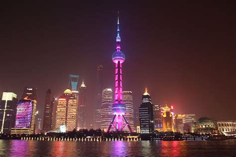 Lighted City Buildings Body Water Shanghai Bund Night Pearl Of The