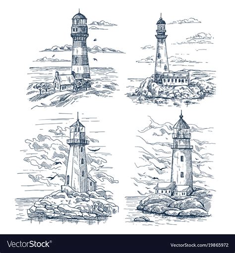 Sketches With Lighthouse On Island At Sea Or Ocean
