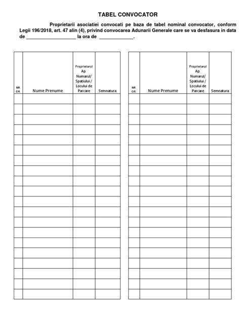 Tabel Nominal Convocator Adunare Generala Conform Legii 196 Din 2018