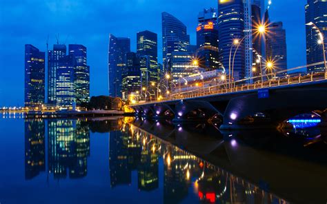Singapore Malaysia Night Landscape Dawn Lights The City Bridge Skyscrapers Background Reflection ...