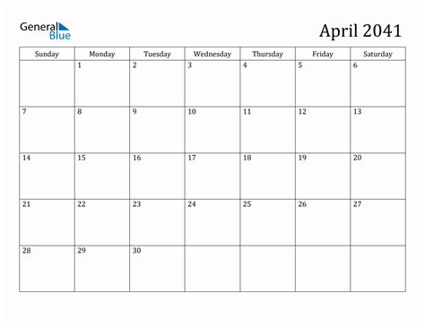 April 2041 Monthly Calendar