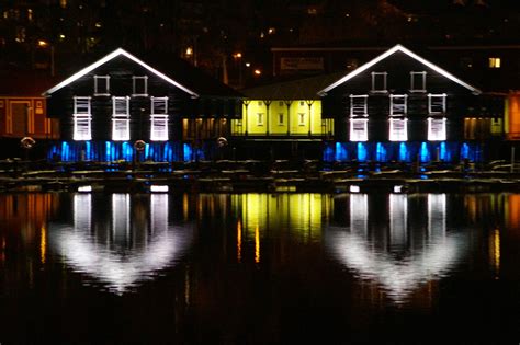 Wallpaper Reflection Water Night Light Town Architecture