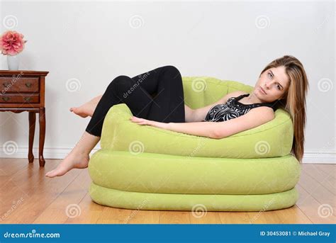 Teen Relaxing In Green Bean Bag Chair Stock Image Image Of Lifestyle