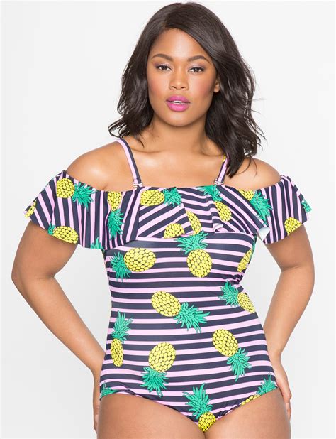 Ruffle Off The Shoulder Printed One Piece Swimsuit Pineapple Polly Curvy Fashion Plus Size