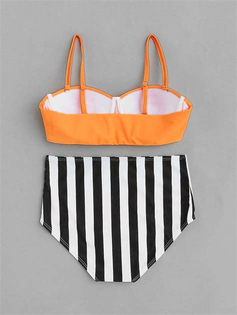 Vertical Striped High Waist Bustier Bikini Set Sheinsheinside