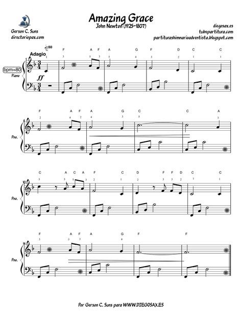 diegosax Amazing Grace de John Newton Partitura para piano Fácil