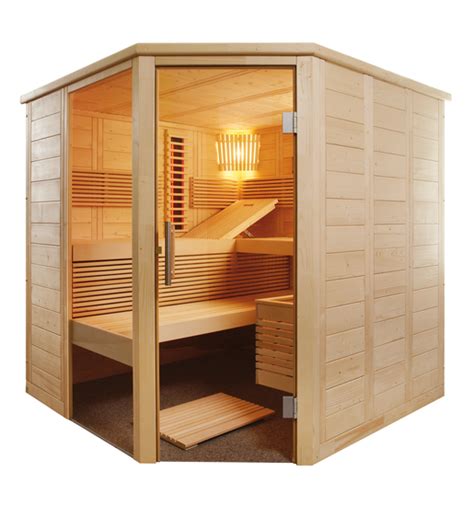 Sauna met infrarood Alaska Corner Infra + 206 x 206 x 204 cm - vurenhout - 3 banken 62 cm ...