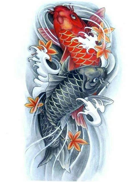 A Tattoo Design With Two Koi Fish And Flowers On The Bottom Half Of It
