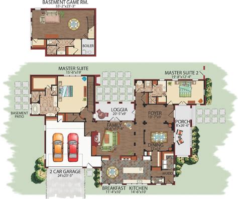 Main level family room plus cozy office with wood burning fireplace. 2 story split master suites | Latin family floor plans ...