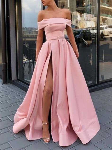2019 Strapless Pink Off The Shoulder Prom Dresses With Split Simple